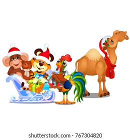 Christmas Sketch With Animated Camel With Red Cap Of Santa Claus Carries A Sleigh With Funny Animals. Sample Of Christmas Poster, Party Invitation, Other Card. Vector Cartoon Close-up Illustration.