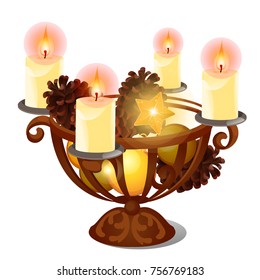 Christmas sketch with burning candles in iron candle holder with festive natural decorations and glowing star isolated on white background. Vector cartoon close-up illustration.