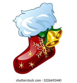 Christmas sketch with decor of patterned boot with golden bells. Sample of Christmas poster, invitation and other cards. Vector illustration.