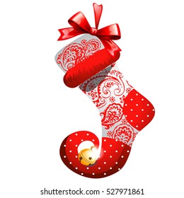 Christmas sketch with decor of patterned boot with a curved toe with red ribbon bow and golden decorative jingle bells. Sample of Christmas poster, invitation and other cards. Vector illustration.