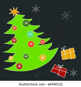 christmas sketch decorated tree with snow flakes