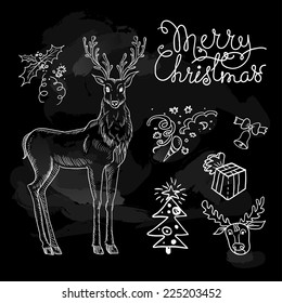 Christmas sketch of christmas decorations on black board