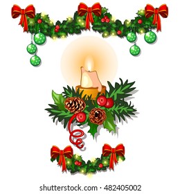 Christmas sketch with decorations of twigs of spruce, Holly leaves, candles and garlands. Sample of the poster, invitation and other cards. Vector illustration.