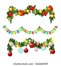 Christmas sketch with decorations of twigs of spruce, Holly leaves and garlands with balls and baubles. Sample of the poster, invitation and other cards. Vector illustration.