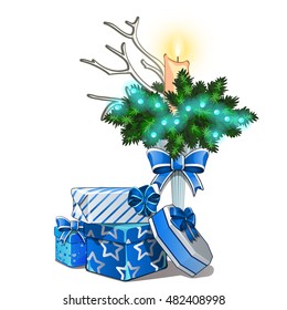 Christmas sketch with a decorative arrangement of branches of spruce and horns of the deer with a burning candle. Gift box in bright wrapping paper. Sample of the poster, invitation and cards. Vector.