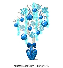Christmas sketch with the decorative element of the interior in the form of an artificial tree decorated with Christmas balls and snowflakes. Sample of the poster, invitation and other cards. Vector.