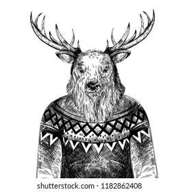 Christmas Sketch deer in sweater. Vector illustration isolated on a white background EPS 10.