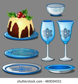 Christmas sketch with dessert on a plate of blue glass and a set of holiday dishes with festive ornaments. Sample of the poster, invitation and other cards. Vector illustration.