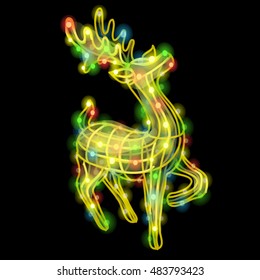 Christmas sketch with the figure of a deer made up of lots of glowing light bulbs of garlands. Sample of the poster, invitation and other cards. Vector illustration.