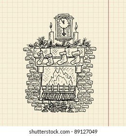Christmas sketch of fireplace, vector illustration, eps10