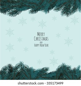 Christmas sketch with frame of realistic spruce branches. Merry Christmas. Happy new year. Template greeting cards, posters, invitations and other cards. Vector.