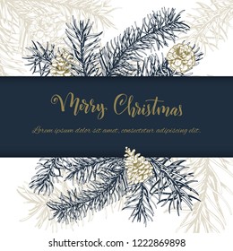 Christmas sketch hand drawn illustration with pine tree branches and cones.Vector illustration for your design. Template greeting card with pine tree branches. Engraved style illustration.
