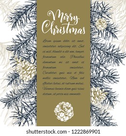 Christmas sketch hand drawn illustration with pine tree branches and cones.Vector illustration for your design. Template greeting card with pine tree branches. Engraved style illustration.