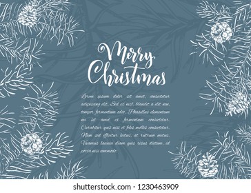 Christmas sketch hand drawn illustration with pine tree branches and cones.Vector eps10 illustration for your design.