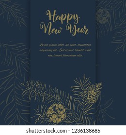 Christmas sketch hand drawn illustration with pine tree branches and cones.Vector illustration for your design. Template greeting card with pine tree branches. Engraved style illustration.