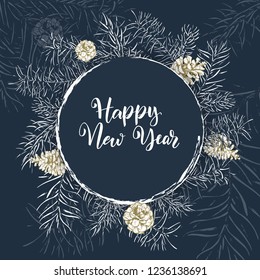 Christmas sketch hand drawn illustration with pine tree branches and cones.Vector illustration for your design. Template greeting card with pine tree branches. Engraved style illustration.