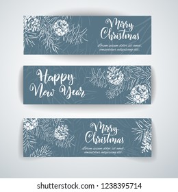 Christmas sketch hand drawn illustration with pine tree branches and cones.Vector eps10 illustration for your design.