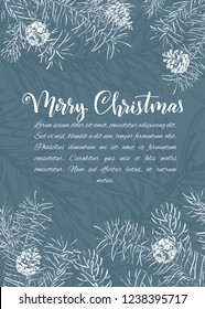 Christmas sketch hand drawn illustration with pine tree branches and cones.Vector eps10 illustration for your design.