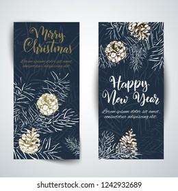 Christmas sketch hand drawn illustration with pine tree branches and cones.Vector eps10 illustration for your design.