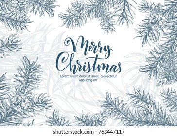 Christmas Sketch Hand Drawn Illustration With Pine Tree Branches And Cones.Vector Eps10 Illustration For Your Design.