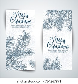 Christmas sketch hand drawn illustration with pine tree branches and cones.Vector eps10 illustration for your design.