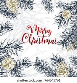 Christmas sketch hand drawn illustration with pine tree branches and cones.Vector eps10 illustration for your design.
