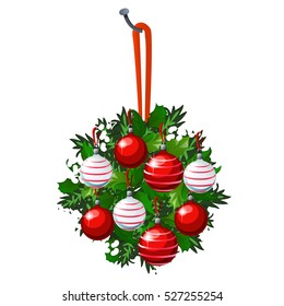 Christmas sketch with hanging wreath of fir twigs and leaves of Holly decorated with red and white glass balls and baubles. Sample of the poster, invitation and other cards. Vector illustration.