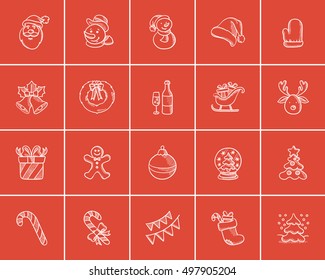Juego de iconos de boceto navideño para web, móvil e infografía. Juego de iconos de navidad dibujado a mano. Juego de iconos vectoriales de Navidad. Icono de Navidad aislado en el fondo rojo.