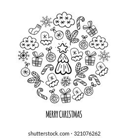 Christmas sketch icons isolated in a circle, vector illustration. Christmas background.