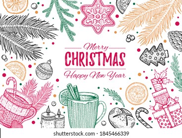 Christmas Sketch Illustration. Winter Vector Vintage Background With Xmas Elements - Tree, Holly Branch, New Year Food, Flower. Holiday Card, Hand Drawn Menu, Engraved Sketch Frame