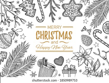 Christmas Sketch Illustration. Winter Vector Vintage Background With Xmas Elements - Tree, Holly Branch, New Year Food, Flower. Holiday Card, Hand Drawn Menu, Engraved Sketch Frame