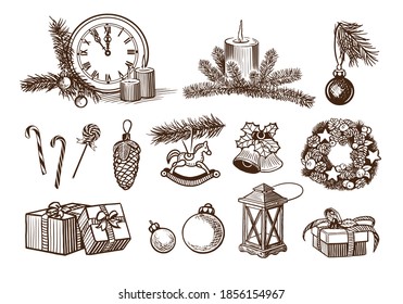 Christmas sketch object collection. Hand drawn engraved Xmas  elements: candles, clock, candy cane, spruce wreath, gifts, lantern, bell