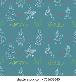 Christmas sketch pattern with hand drawn holiday signs. Seamless Xmas design for winter season. Background with doodle house, star, fir branch, candy cane, angel. Celebration vector illustration.