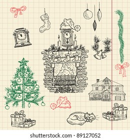 Christmas sketch set composed of christmas tree, fireplace, gift boxes, garland, clock, cat, bells, bows, pine branch, hat, sock and house=) Vector illustration, eps10! Merry christmas from Siberia!=)