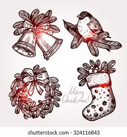 Christmas Sketch Set With Holiday Objects. Christmas Hand Drawn Attributes And Symbols