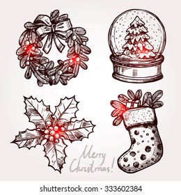 Christmas Sketch Set With Holiday Objects. Christmas Wreath, Snowglobe, Holly And Christmas Sock