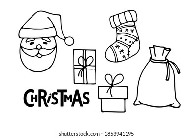 Christmas sketch set on white background. Santa, Gift boxes, gifts bag, Christmas text, Christmas Socks. Hand drawn design for banner, flyer, brochure, card, poster. Winter holiday design.