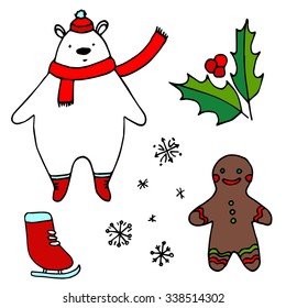 Christmas sketch set, vector illustration. Hand drawn bear, cookie, holy, snowflakes skates.