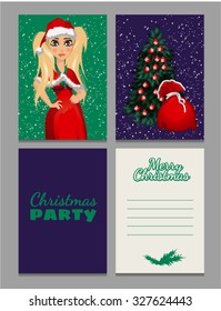 Christmas sketch with space for text and image blonde young girl in red dress. Christmas tree with gifts. Sample of the card with your text, poster, invitation and other cards. Vector.