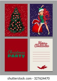 Christmas sketch with space for text and image red-headed naughty girl in green short dress. Sample holiday cards with your text, poster, invitation and other cards. Vector.