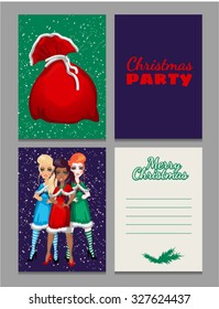 Christmas sketch with space for text and a picture of three girls in stylized costumes. The red bag of Santa Claus. Sample holiday cards with your text, poster, invitation and other cards. Vector.