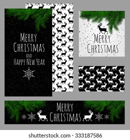 Christmas sketch with space for text. Spruce branches. The texture of the stag. A sample poster, invitation or other cards. Vector.