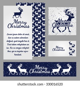 Christmas sketch with space for text and texture of reindeer silhouettes on a blue background of snow. Sample holiday cards with your text, poster, invitation and other cards. Vector.