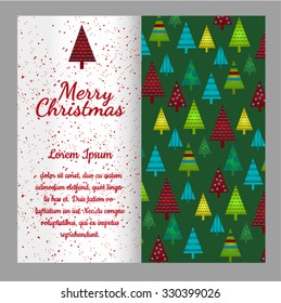 Christmas sketch with space for text and texture of funny fir trees on a green and white background. Sample holiday cards with your text, poster, invitation and other cards. Vector.