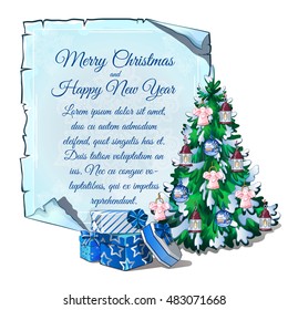 Christmas sketch with space for your text on a sheet of old paper with torn edges. Sample of the poster, invitation and other cards. Vector illustration.