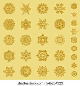 Christmas sketch. Vector snowflake set on a yellow background.