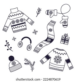 Esbozo navideño de ropa de invierno. Ilustración del vector