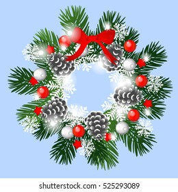 Christmas sketch with wreath of fir twigs decorated with snowflakes and pine cones. Sample of the poster, invitation and other cards. Vector illustration.