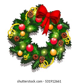 Christmas Sketch With Wreath Of Fir Twigs Decorated With Red Baubles And Glass Balls, Pine Cones, Red Ribbon Bow And Serpentine. Sample Of The Poster, Invitation And Other Cards. Vector Illustration.