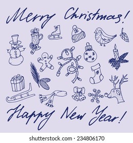 Christmas sketch. Writing and Printing. Congratulations with New year and Christmas in Typographic style. Christmas objects for your design. Can be used to design greeting cards
